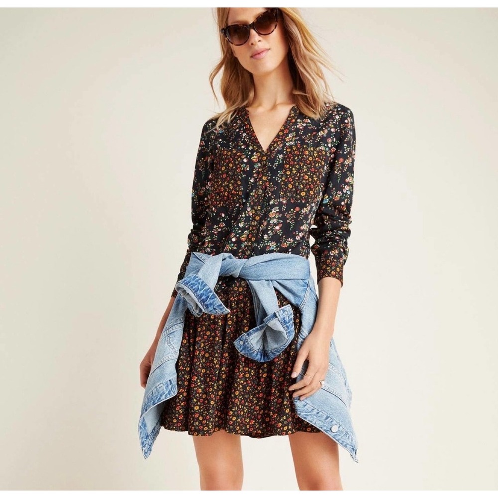 Anthropologie Maeve Marlie long sleeve‎ button-front black floral tunic dress 2